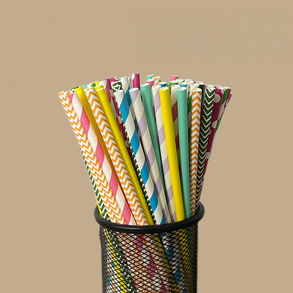 Paper Straw Color - 100 Adet Renkli Çizgili Baskı Tek