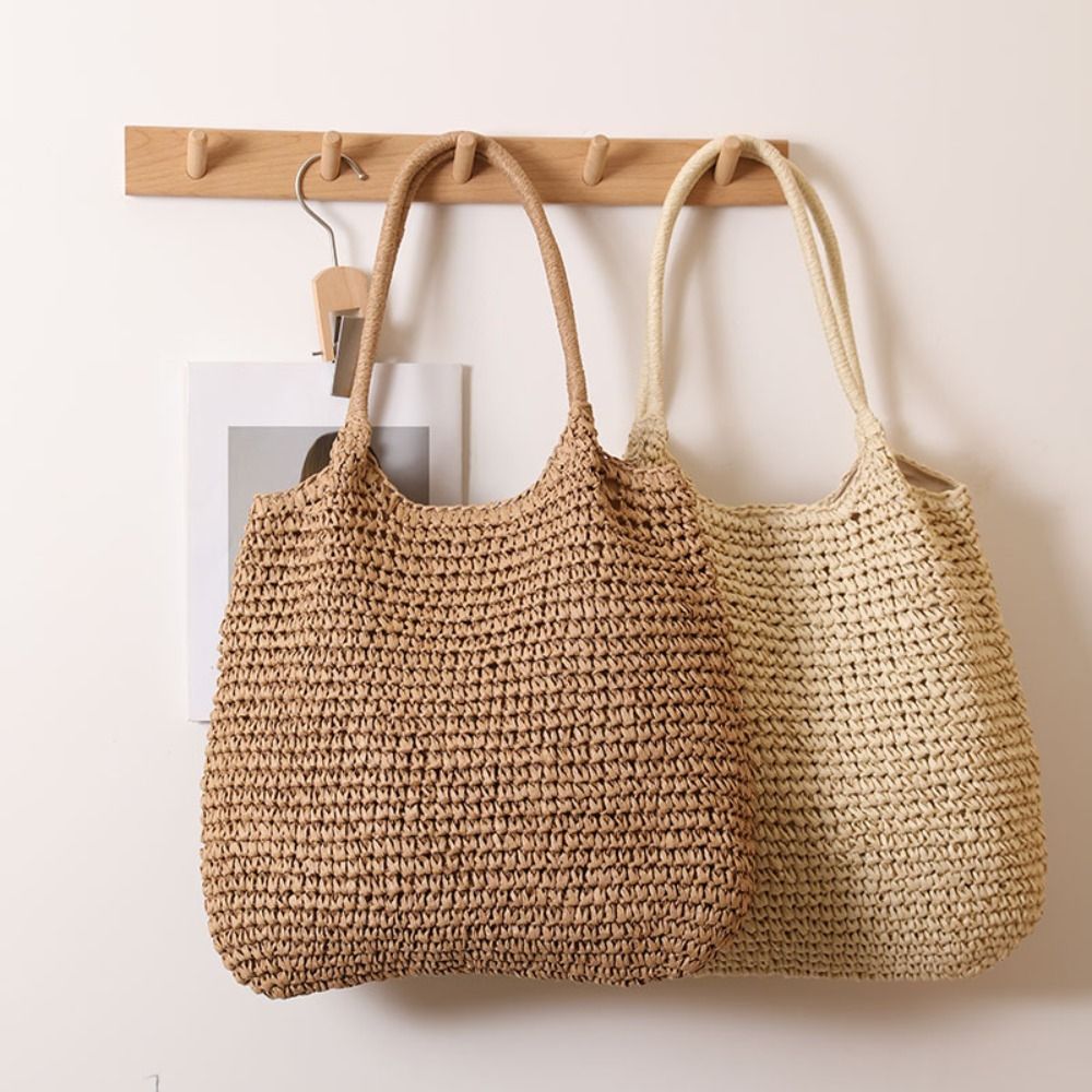 Paper Straw Color - Moda Hasır Tote Çanta Büyük Kapasiteli