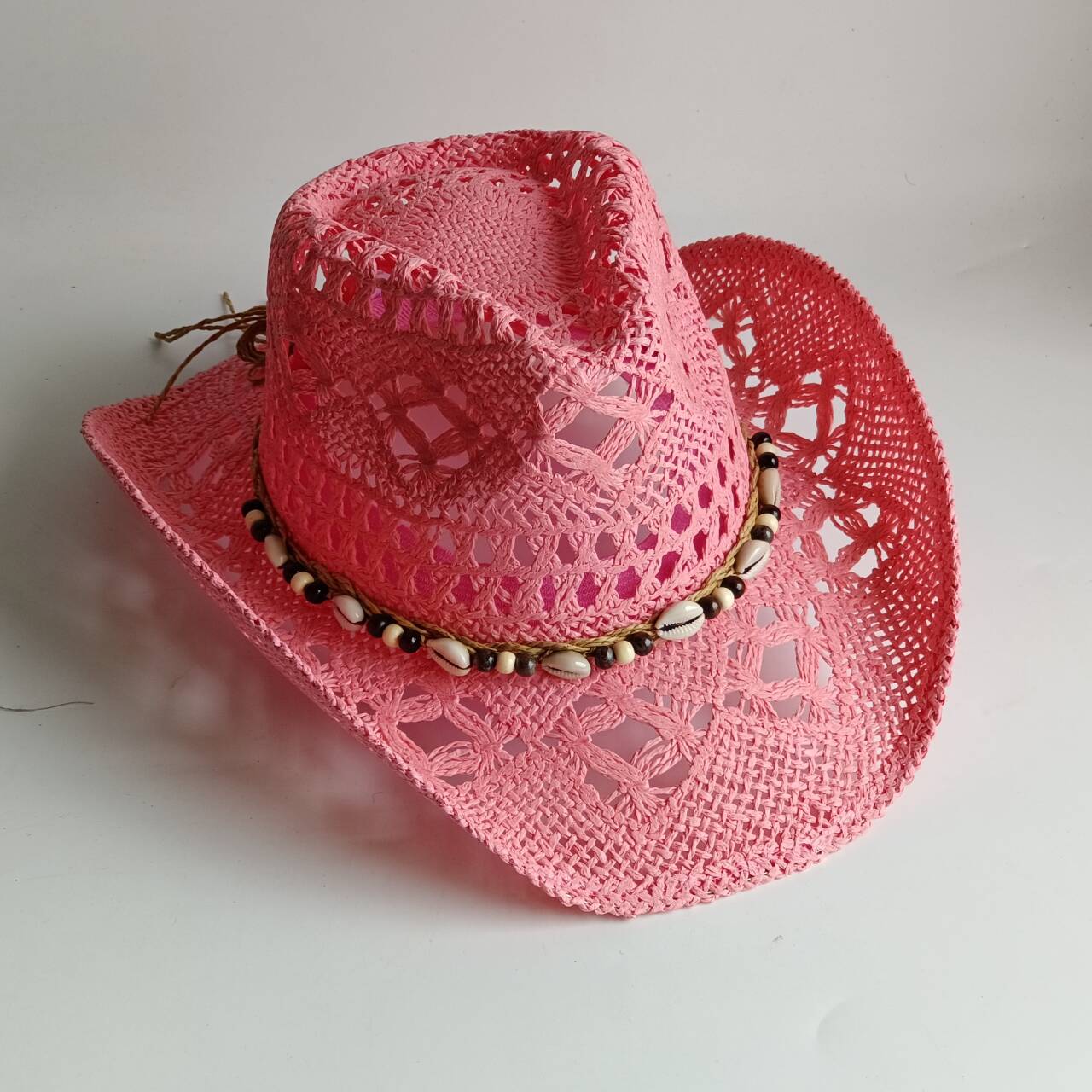 Paper Straw Color - Pembe kovboy hasır şapka içi boş